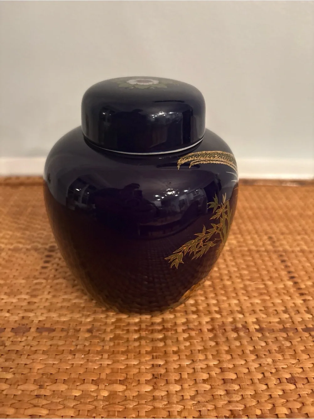 Vintage Cobalt Blue Ginger Jar with Pheasant & Floral Motif, Made in Taiwan 5.5